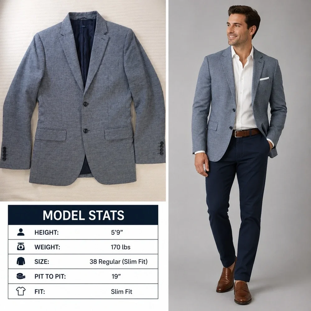 Perry Ellis Mens 38R Slim Fit Linen Cotton Blazer Blue Sport Coat PS45385